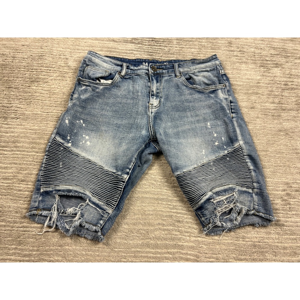 Crysp Denim Shorts Mens 34 Blue Moto Biker Distressed Paint Splatter Frayed Hem